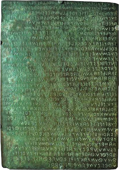 One of the Iguvine Tables. A bronze plaque with umbrian writing from the 2nd or 3rd century BCE.