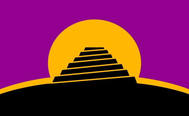  The Conlang flag. Against a purple sky, signifying creativity, an orange sun rises, orange signifying energy, imagination, and communication. It sheds its light over a dark, not-yet-seen world. Silhouetted against the sun is the Tower of Babel, proclaiming the noble nature of the linguistic diversity.” The Tower of Babel also brings to mind the ubiquitous Babel Text often used as a translation exercise