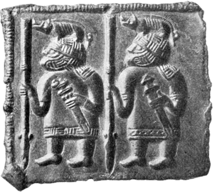 Scene from the Torslunda Plates with two warriers carrying spears and wearing battle helmets with swine on top