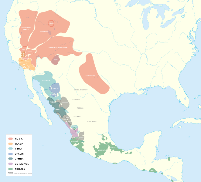 Kort over de uto-aztekiske sprogs udbredelse før kontakt med europæere