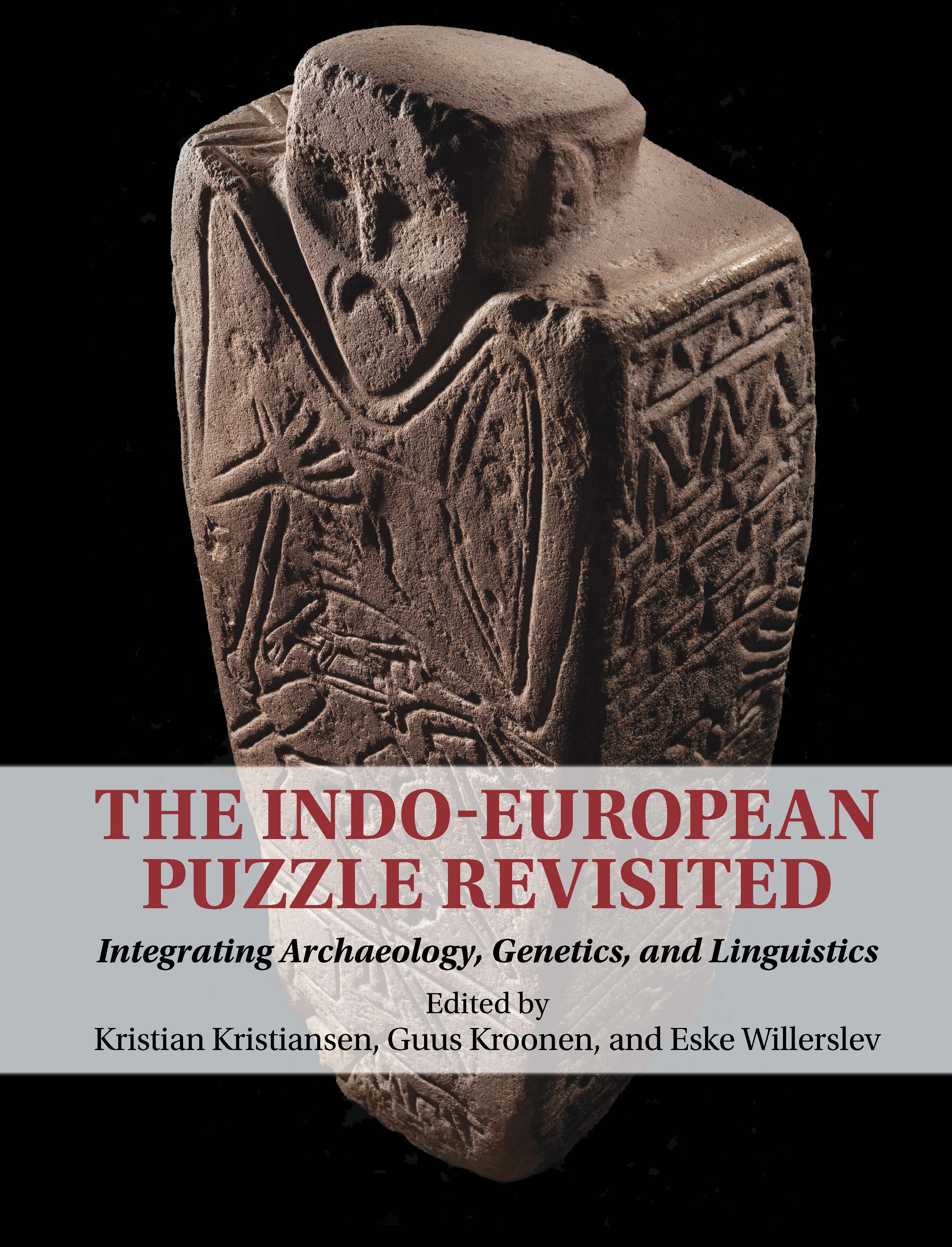 Front page of the book. Black background with an anthropomorphic stele.